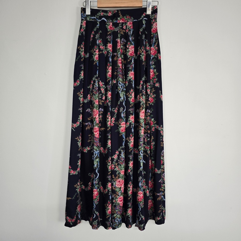 Vintage Herman Geist Floral Maxi Skirt Womens 4 Blue Pleated Cottagecore Prairie